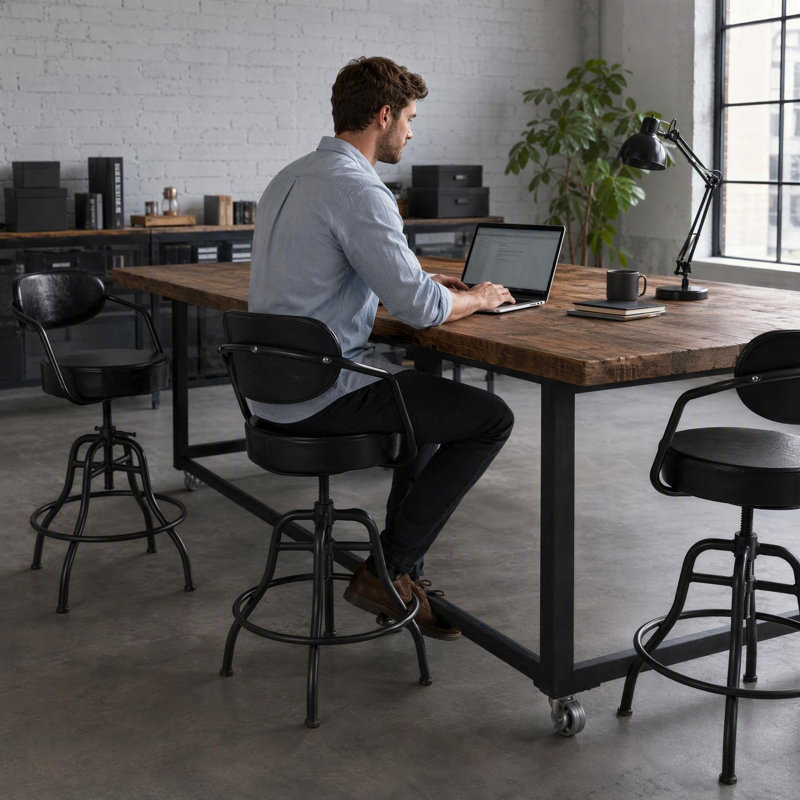 Tabouret de bar industriel avec dossier et coussins en cuir de 21,7 à 25,6 pouces de hauteur, chaises de bureau pivotantes rustiques, tabourets de pub rétro pour îlot de cuisine, salle à manger, salon