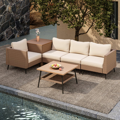 6 Pieces Outdoor Sectional Patio Furniture Set with Cushions and Storage Box by Lausaint Home