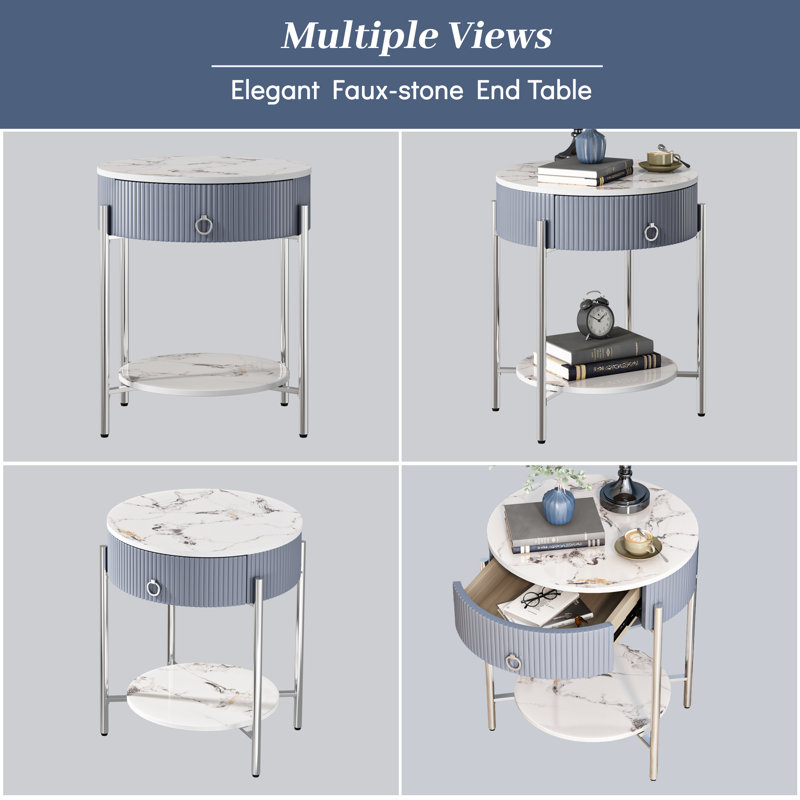 Table de bout avec rangement Woodville, Chrome chrome, Blanc / Gris