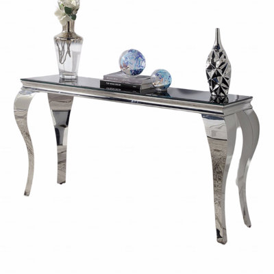 Contemporary Sofa Console Table, Glass Top Living Room Stainless Steel Cabriole-Style Legs by Everly Quinn