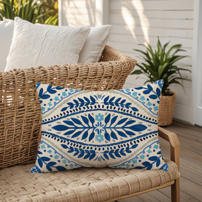 Housse et insert de coussin d'extérieur Juan, Bleu, Floral 1