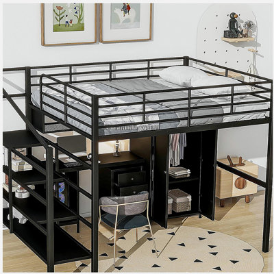 Lit mezzanine en métal avec ensemble de table et garde-robe, lit double, noir