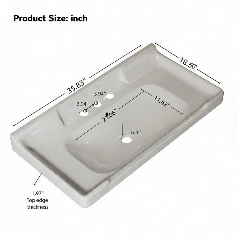 Lavabo de salle de bain en céramique blanche de 91 cm (36 po) avec trois trous prépercés pour la robinetterie et le trop-plein