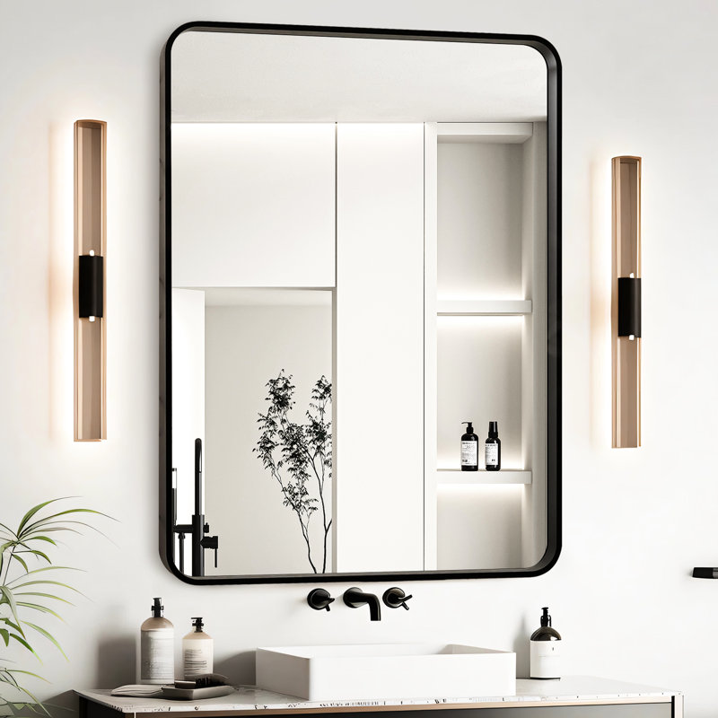 Miroir de salle de bain 24 po x 32 po dans un cadre en aluminium noir, reflet transparent à travers le verre flottant HD, alliage de rouille, caractéristique de preuve, installation en Z pour une fixation murale, aluminium bien emballé, pouce, miroir,