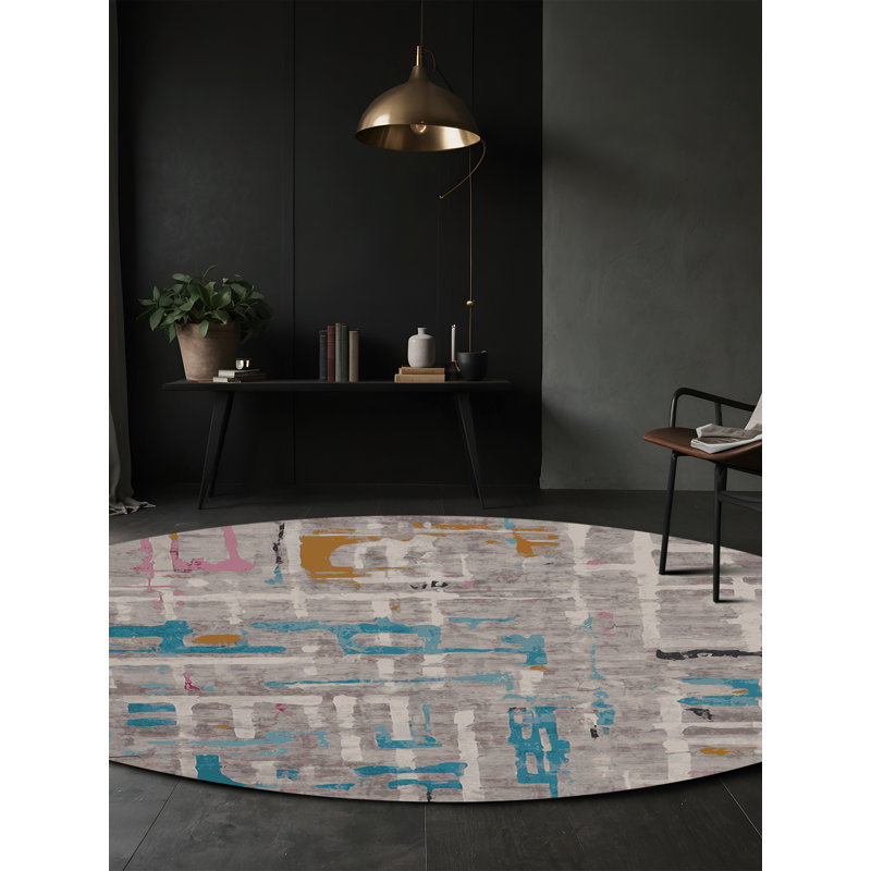 Machine Washable Gray Area Rug, Round 5'