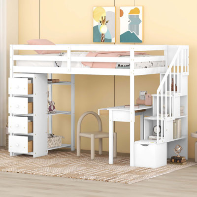 Loft Bed With Storage Drawers ,Desk And Stairs, Wooden Loft Bed With Shelves