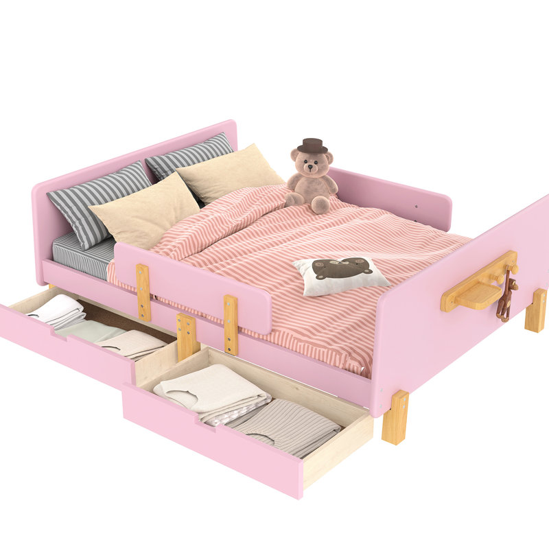 Lit plateforme rose avec rangement et structure en bois massif, rail, tablette pour le confort de la chambre à coucher Mélange esthétique fonctionnel