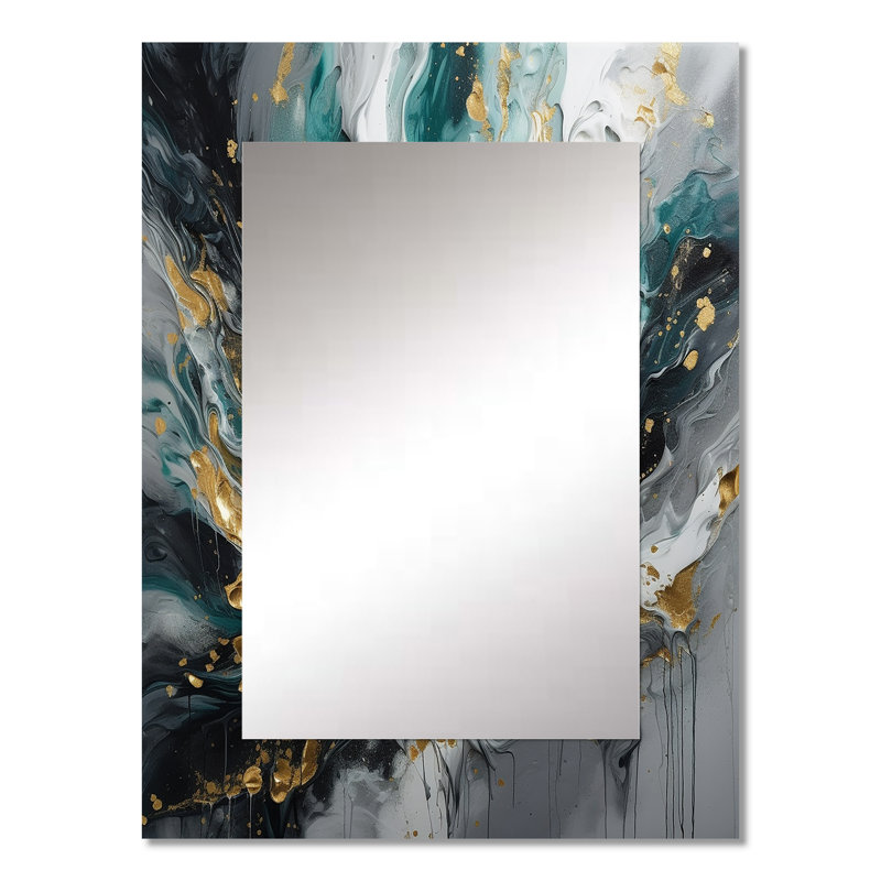 Gold Teal Ink On Stone - Abstract Large Wall Mirror, Modern Decorative Mirror, Printed Metal Art, 32" x 24"