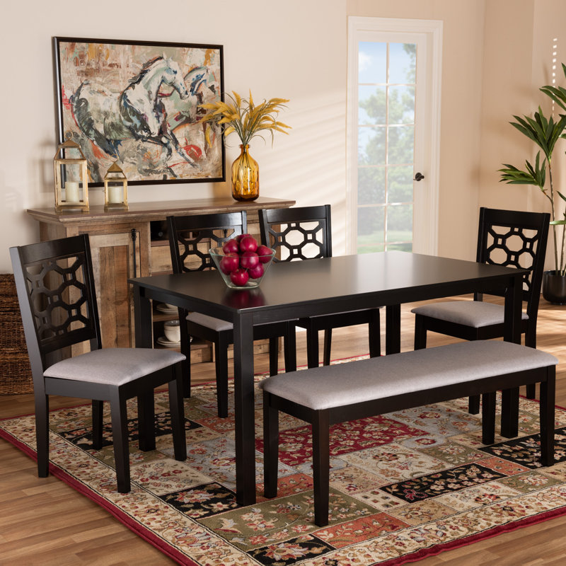 6 - Person Four Leg Dining Set, Dark Brown, Dark Brown/Gray