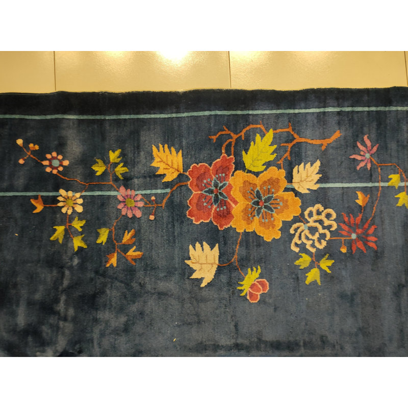 Navy Blue Color Field Antique Floral Pattern Chinese Deco Rug
