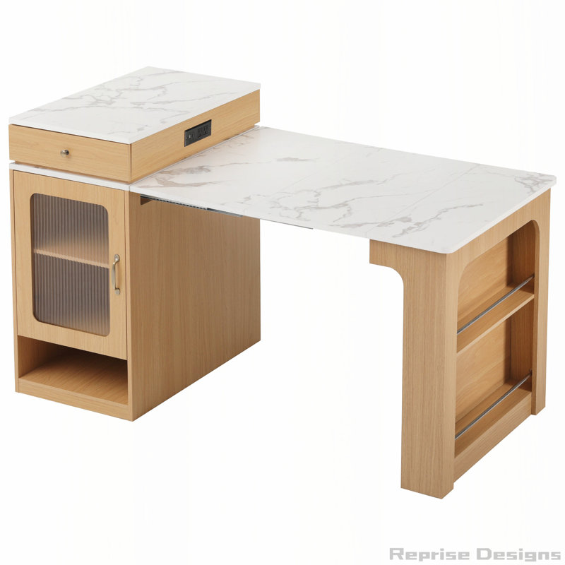 Îlot de cuisine 59,5 po avec table de salle à manger extensible, rangement double-face, prise de courant, Naturel