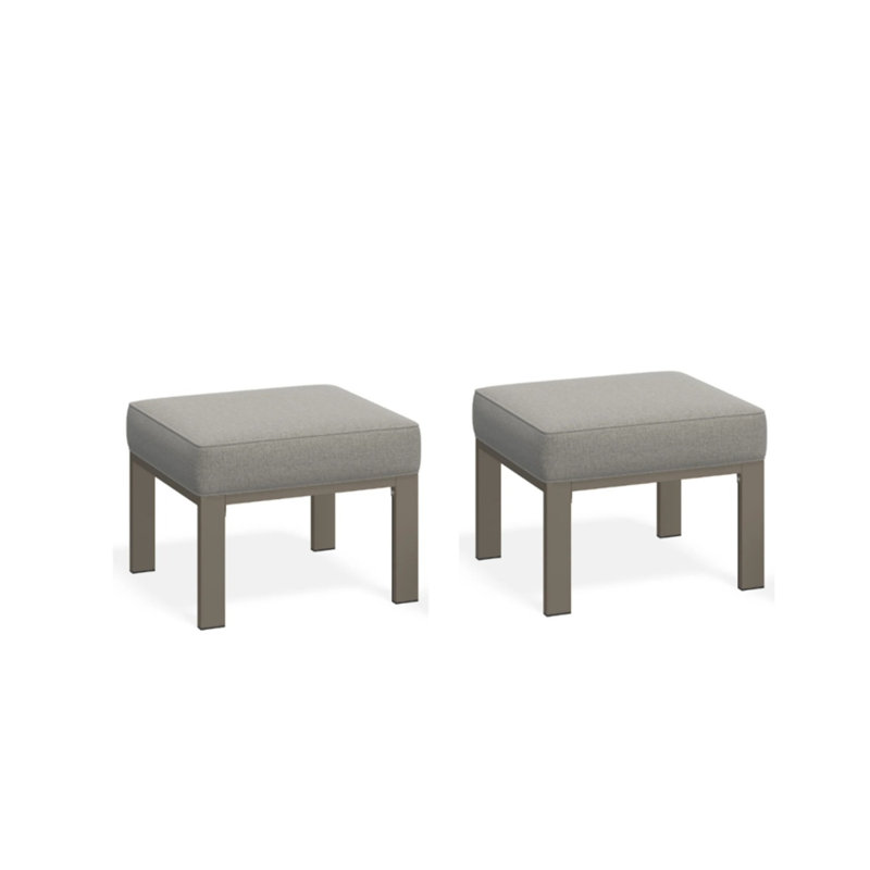 Set Of 2,  22” All-Weather Metal Patio Ottomans Thick Beige Cushions & Khaki Frame, Light Khaki