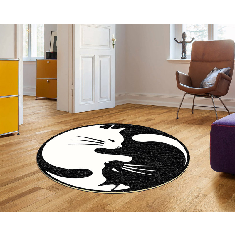 Tapis rond en polyester tissé à la machine noir / blanc Gradoch, Rond 5 pi 3 po
