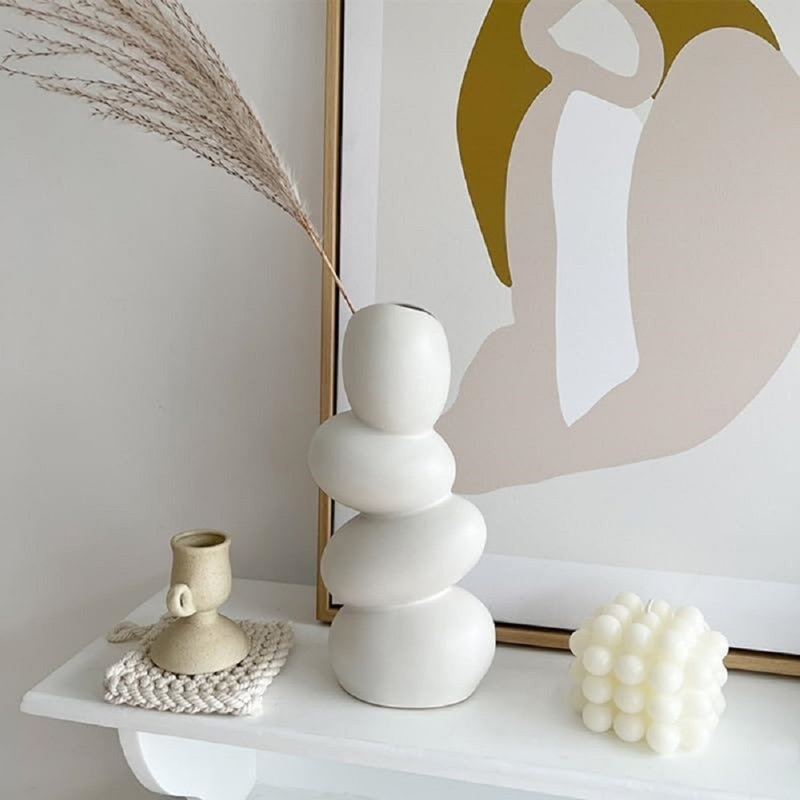 Ceramic Flower Vase, Slim White Modern Home Decor Sculpture For Living Room, Dining Room, Bedroom, Office, Bathroom, Kitchen Or Bedside Table
