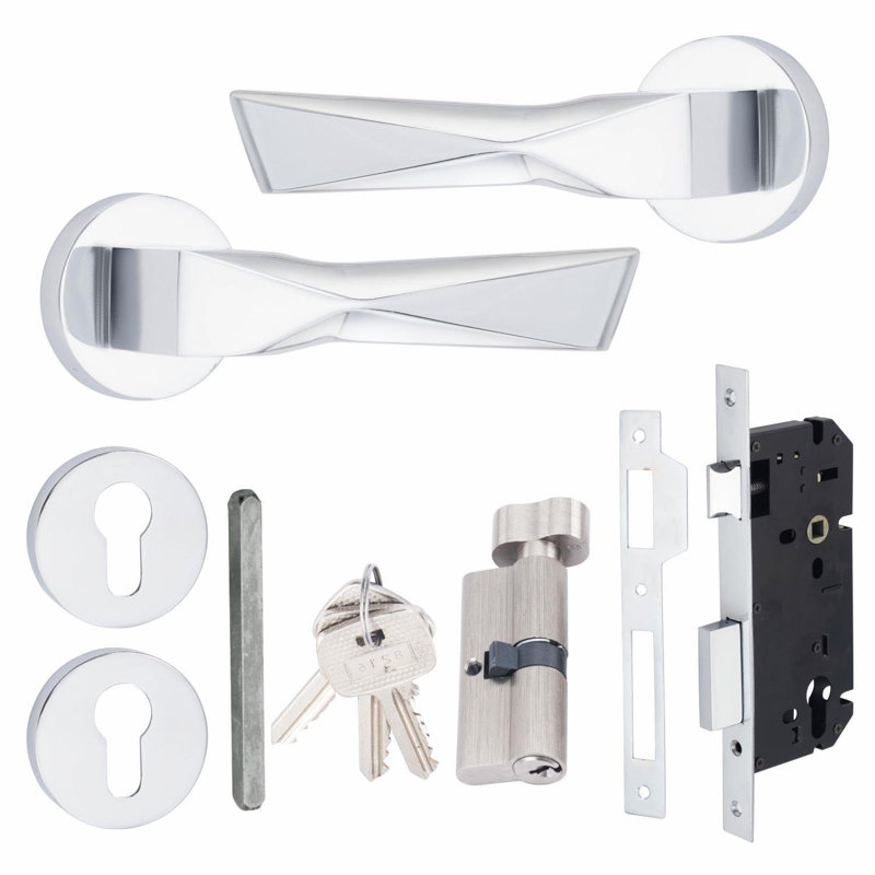  Modern Aura Euro Lock Door Handles in Polished Chrome Finish with 70mm Key and Thumbturn Barrell