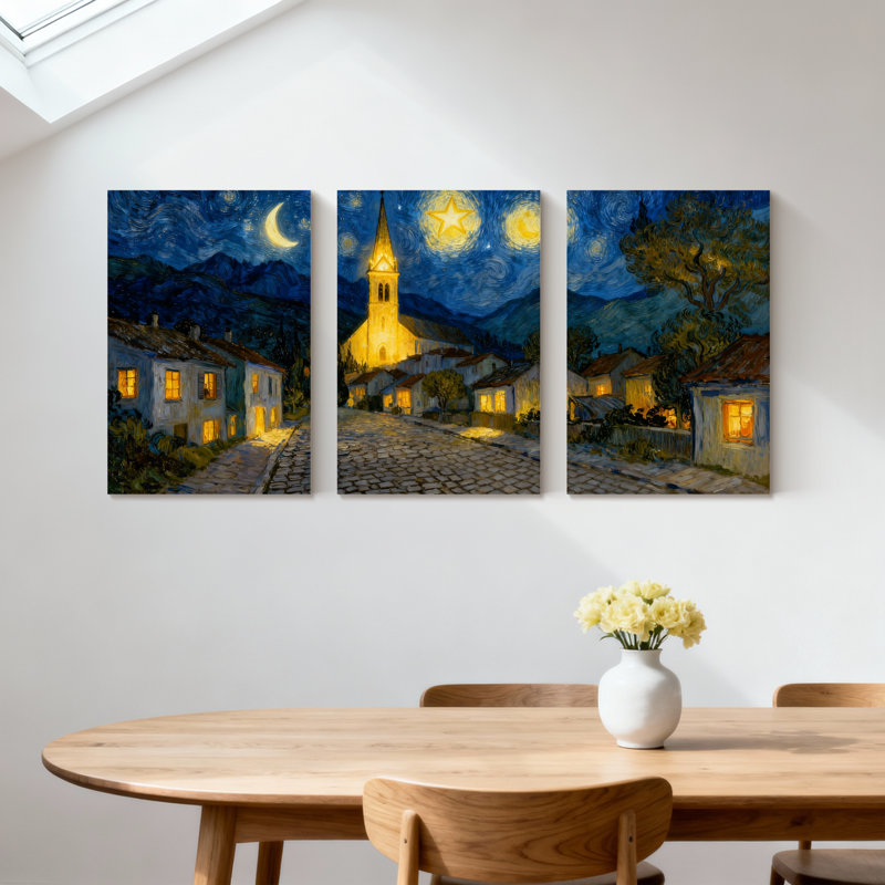 Abstrait, nuit étoilée, village, scène d'églises, ensemble de 3 impressions sur toile, H 18 po x l 36 po
