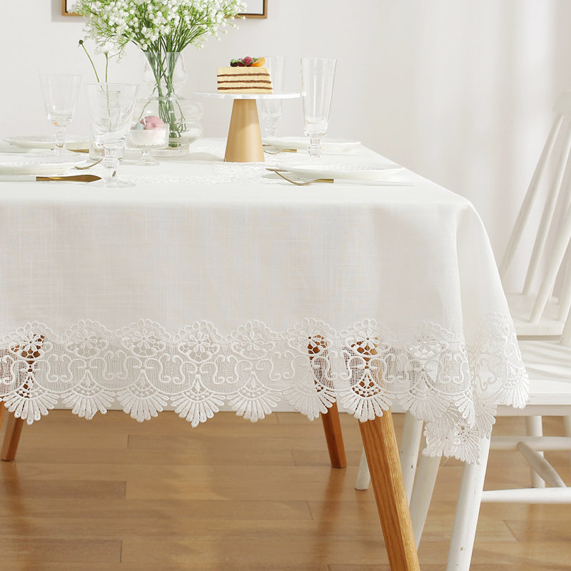 Linen Polyester Blend Tablecloth With Embroidery, 138"L x 71"W