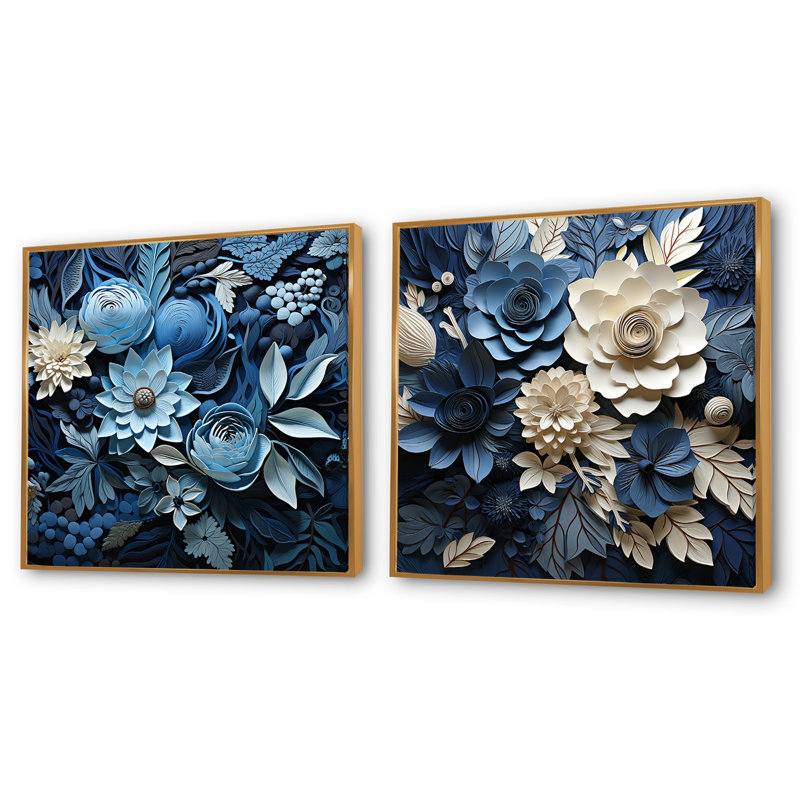 Blue Flower Crafted Delights - Ensemble de 2 collages floraux carrés, Cadre flottant doré, H 36 po x l 73 po