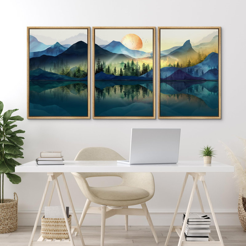 "Forêt et lac apaisant, vert, nature sauvage, illustrations, décor moderne, minimal", 3 pièces, Naturel, H 36 po x l 24 po