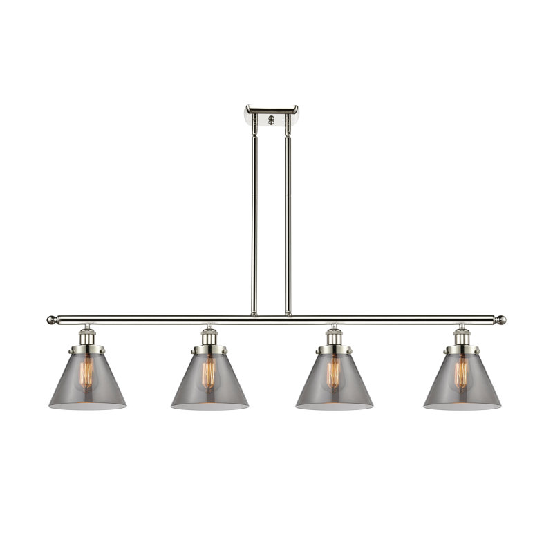 Luminaire pour îlot 4 lumières Cone, DEL, Nickel poli, Plaqué couleur fumée