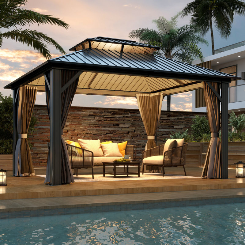 Outdoor Aluminum Patio Gazebo, Galvanized Steel Hardtop Gazebo with Privacy Curtain and Mosquito Netting, 12 Ft. W x 14 Ft. D