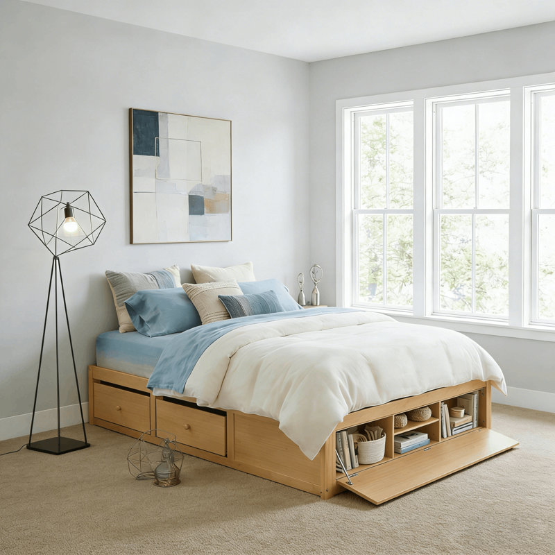 Structure de lit plateforme grand avec armoire de rangement sous le lit et 4 tiroirs, Naturel