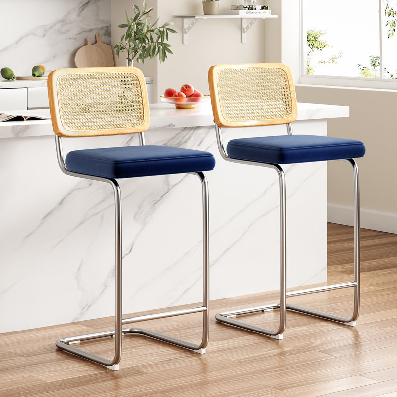 Baumgartner Upholstered Counter Stool with Metal Frame, Silver, Blue, Counter Stool (24" Seat Height)