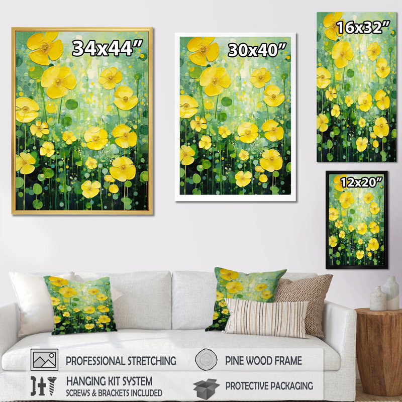 Buttercups Bliss Sunshine - imprimé, Cadre naturel flottant, H 44 po x l 34 po x P 1,5 po
