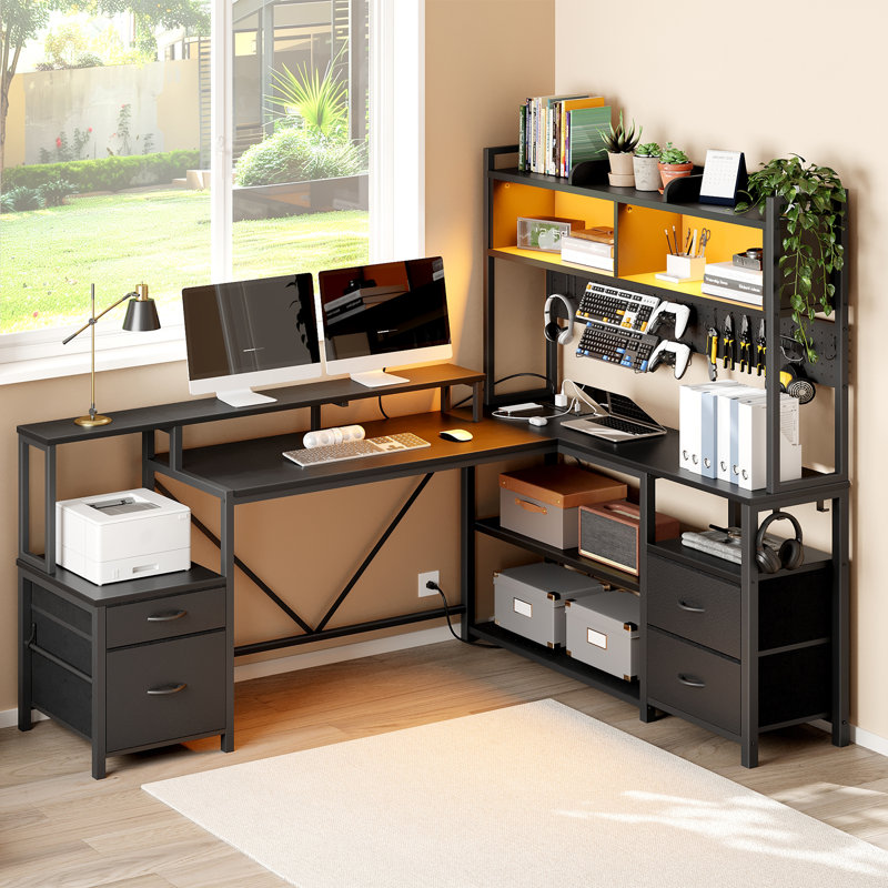 75" L-Shaped Computer Desk with Hutch and Power Outlets, Corner Desk with Monitor Stand and Storage, Black
