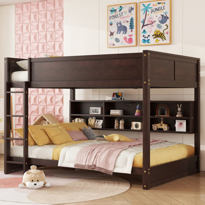 Queen Over Queen Bunk Bed With Built-in Storage Cabinets And Charging Station, Solid Pine Wood Bunk Bed With Ladder And Safety Guardrails, Silent Design, For Kids Teens Adults Bedroom Use, Brwon