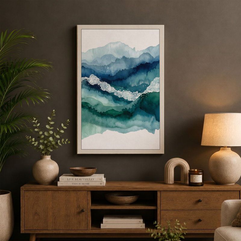 Mountains in Mist Scandinavian - Wrapped Canvas, 30x20 - 76.2 x 50.8 cm, Ochre Border