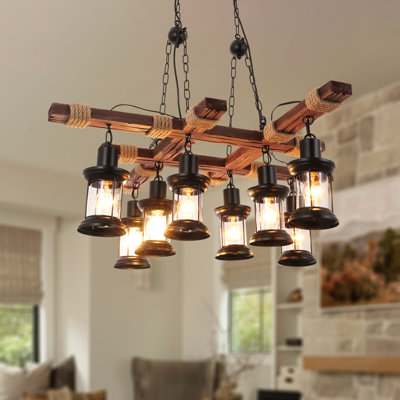 40" 8 - Light Farmhouse Unique/statement Chandelier Wood Geometric Pendant Light