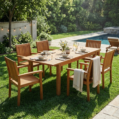 Mobilier de salle à manger d'extérieur en bois de 7 pièces, 6 chaises et 1 grande table pour terrasse, avec une pelouse de confort rustique et élégante, avec des lattes durables