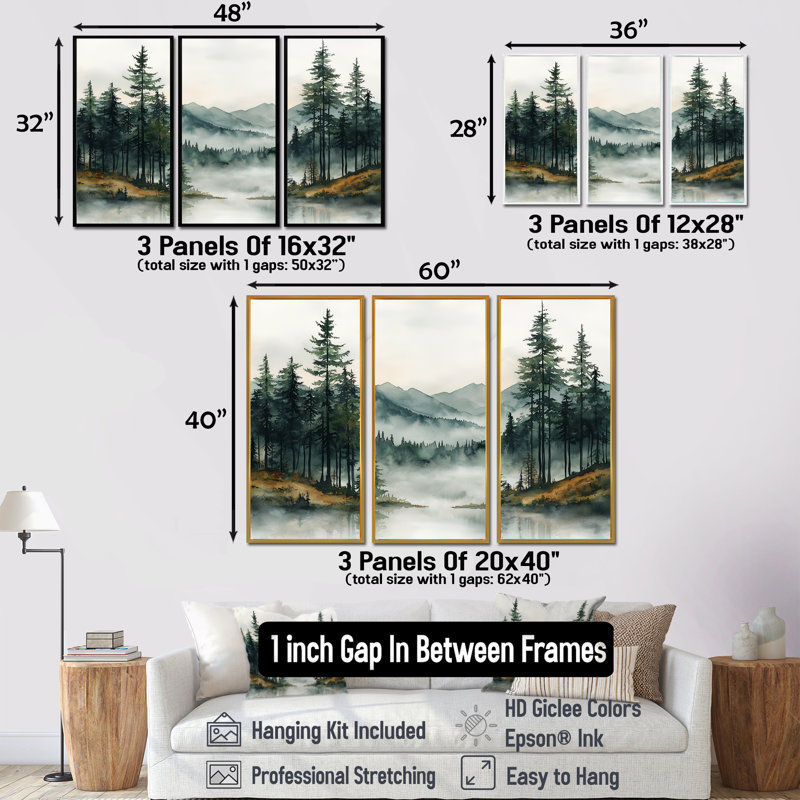 «Green Pine Trees Mist Morning I», ensemble d'art mural pin, Toile avec cadre flottant brun, H 40 po x l 60 po x P 1 po