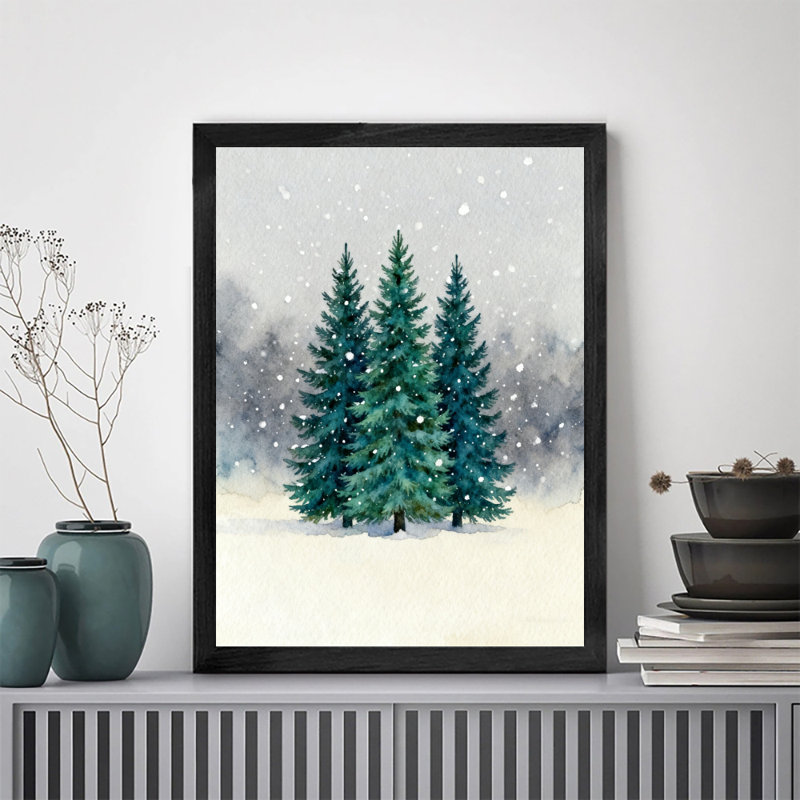 Aquarelle encadrée noire, pin enneigé de Noël en hiver, paysage mural, impressions de style rétro, H 25 po x l 17 po