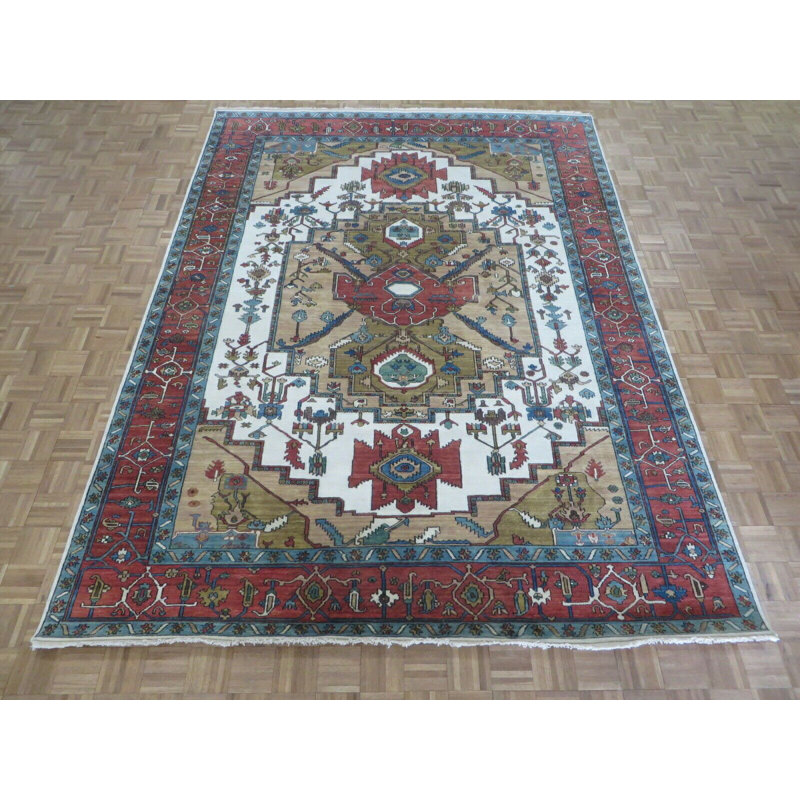 Médaillon Serapi noué à la main ivoire / rouge / or / bleu, Rectangle 8 pi 9 po x 11 pi 8 po