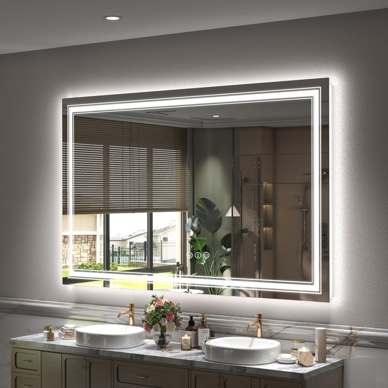  Miroir de salle de bain à DEL avec éclairage avant et arrière, miroir de salle de bain antibuée à intensité variable, verre trempé incassable, conception imperméable pour fixation murale