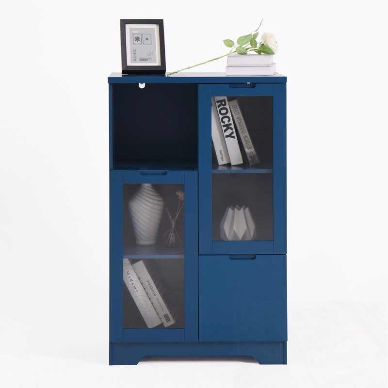 Wood Accent cabinet with glass door and open storage, Bleu