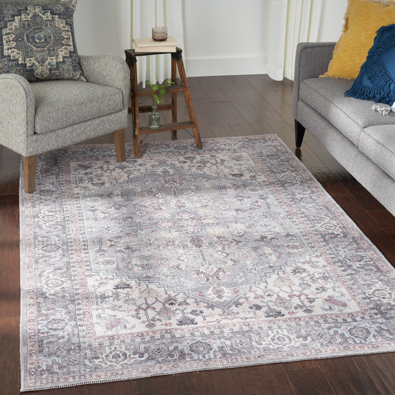 Machine Washable Oriental Gray Area Rug, Rectangle 6' x 9'
