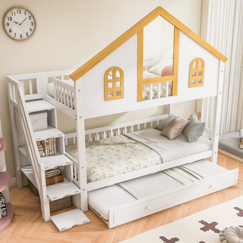 Twin Size Wooden House Roof Bunk Bed with Window Door and Roof,Storage Staircase and Trundle,White+Natural, Twin