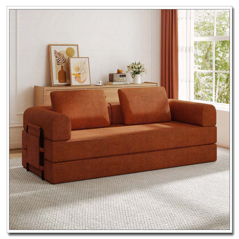 Canapé-lit convertible en velours côtelé avec coussin cylindrique Corduroy, Orange