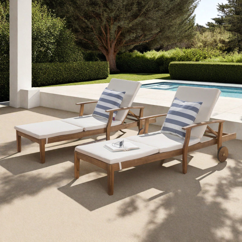 Bevelyn Reclining Acacia Wood Chaise Lounge with Cushions, Cream