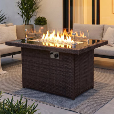 Watchet 43'' Outdoor Wicker Propane Fire Pit Table, 60,000 BTU Rectangular Fire Table with Glass Wind Guard, Lid & Cover