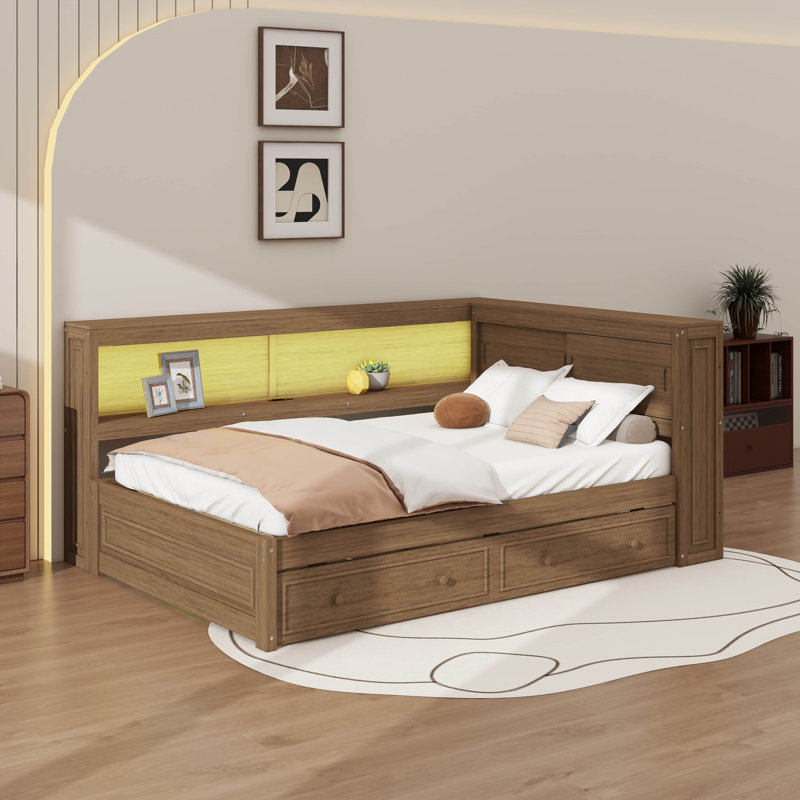 Lit de jour double en bois avec tablettes de rangement intégrées, éclairage USB / DEL et cadre de lit en bois avec deux tiroirs