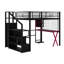 Lit mezzanine double en métal avec poste de travail intégré, garde-robe, escalier de rangement et DEL