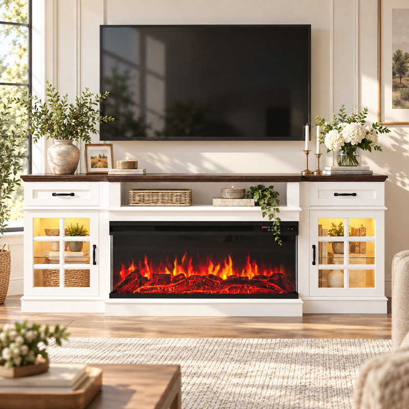 80" Farmhouse TV Stand With 36" 3-Sided Electric Fireplace for TVs up to 90", 2 Drawer and Adjustable Shelf Entertainment Center