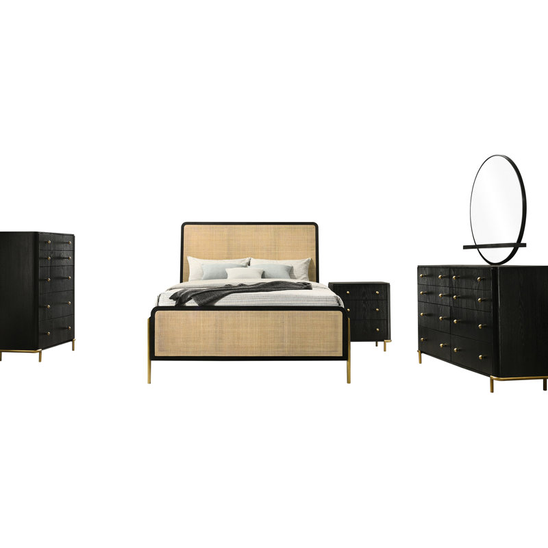 Grand lit de 5 pièces avec des cadres noirs, des détails et des accents dorés pour une mise à niveau de style chic avec des tiroirs de rangement