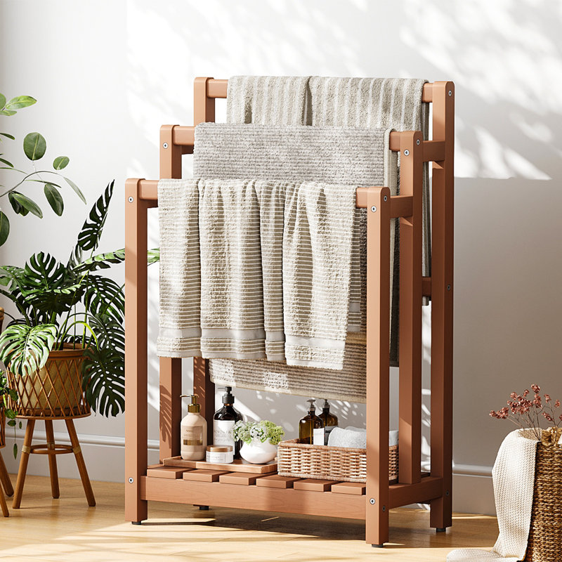 Porte-serviettes sur pied pour salle de bain, échelle à couvertures à 3 niveaux en HIPS, étagère de séchage au sol avec rangement inférieur, barre porte-serviettes de 91 cm de haut pour spa, piscine, chambre, teck