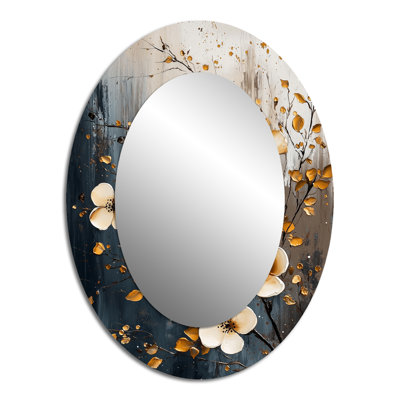 Fleur de cerisier blanc doré Botanical Florals I - Miroir décoratif floral ovale sur métal