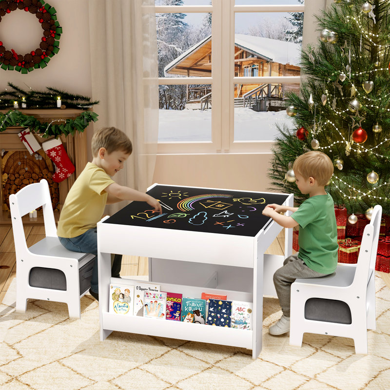 Kids Table And Chairs Set, 4 In 1 Toddler Art Desk With Storage Drawer, Wooden Activity Deskboard, Blackboard, Reversible & Detachable Tabletop, Bookshelf For Drawing, Playing, Learning(gray)